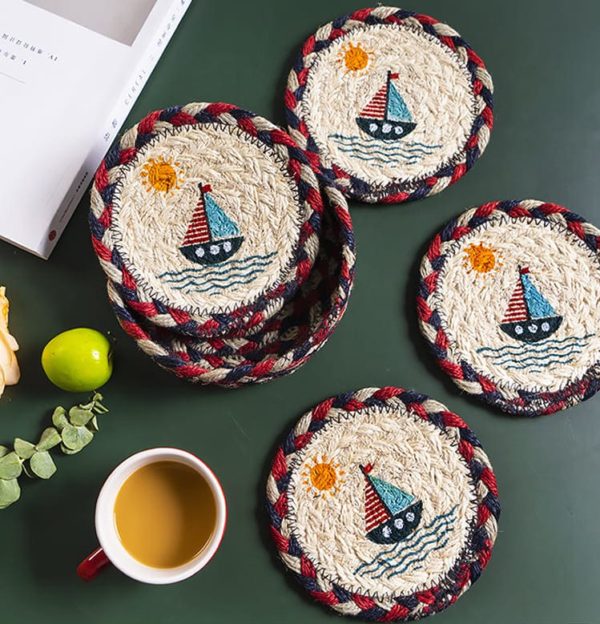 Handmade Sailboat Round Jute Fiber Placemat