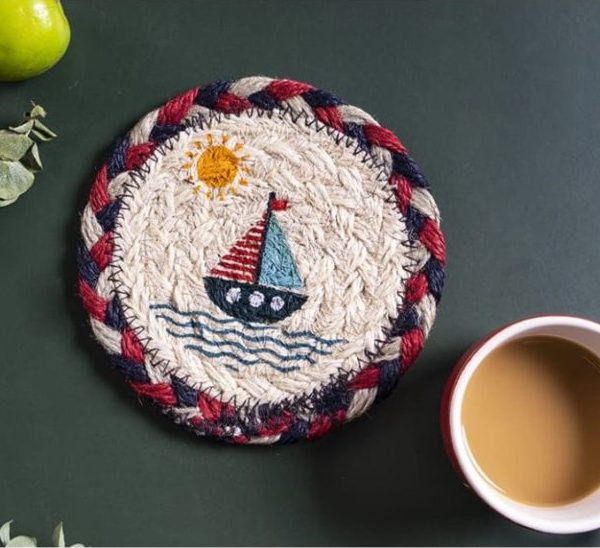 Handmade Sailboat Round Jute Fiber Placemat