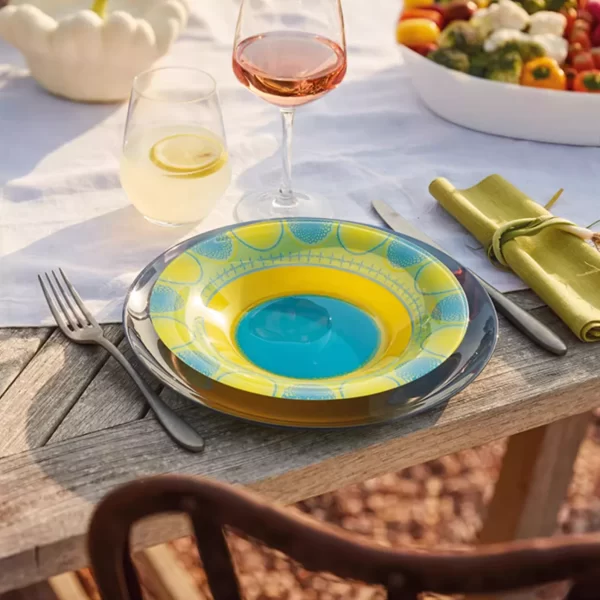 modern colorful glass plate with rim for microwave