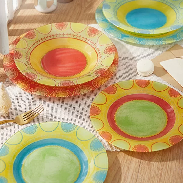 modern colorful glass plate with rim for microwave