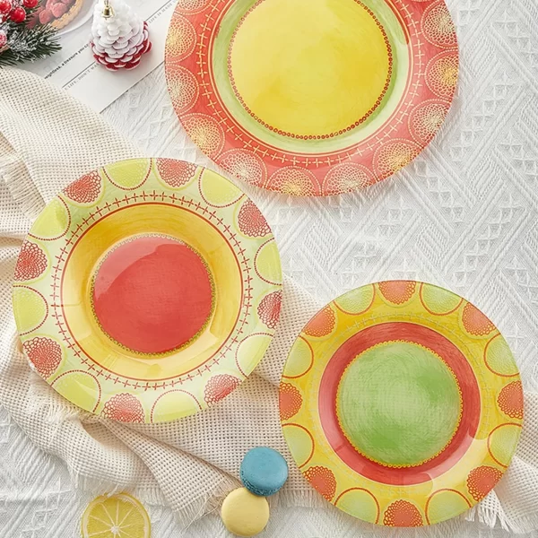 modern colorful glass plate with rim for microwave