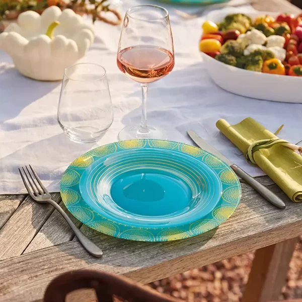 modern blue glass plate with rim for microwave